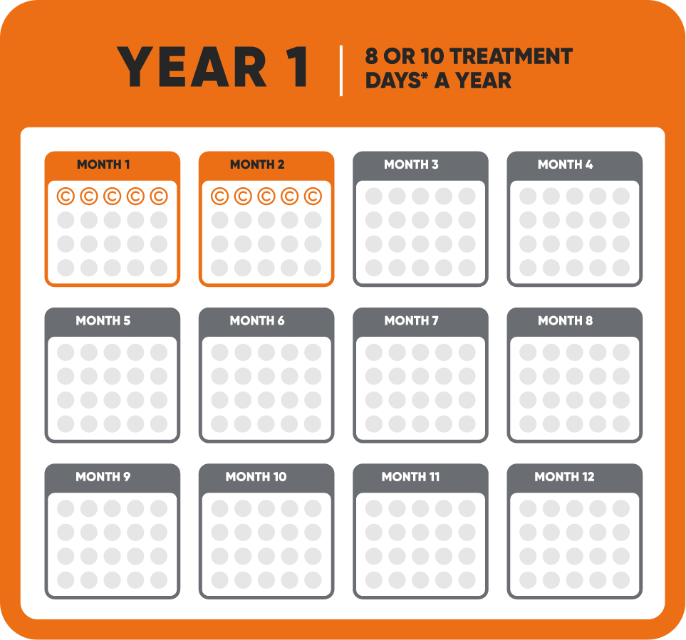 Calendar showing year 1 dosing of MAVENCLAD®, which includes 8 or 10 treatment days