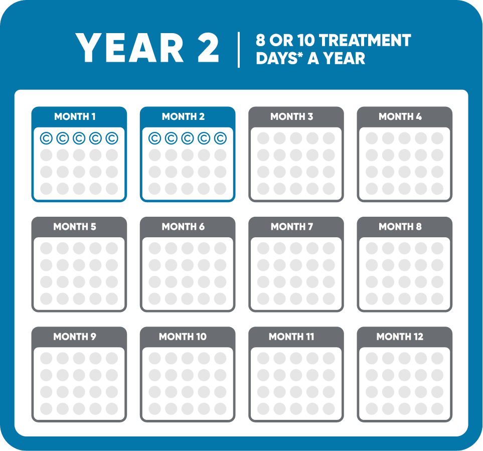 Calendar showing year 2 dosing of MAVENCLAD®, which includes 8 or 10 treatment days