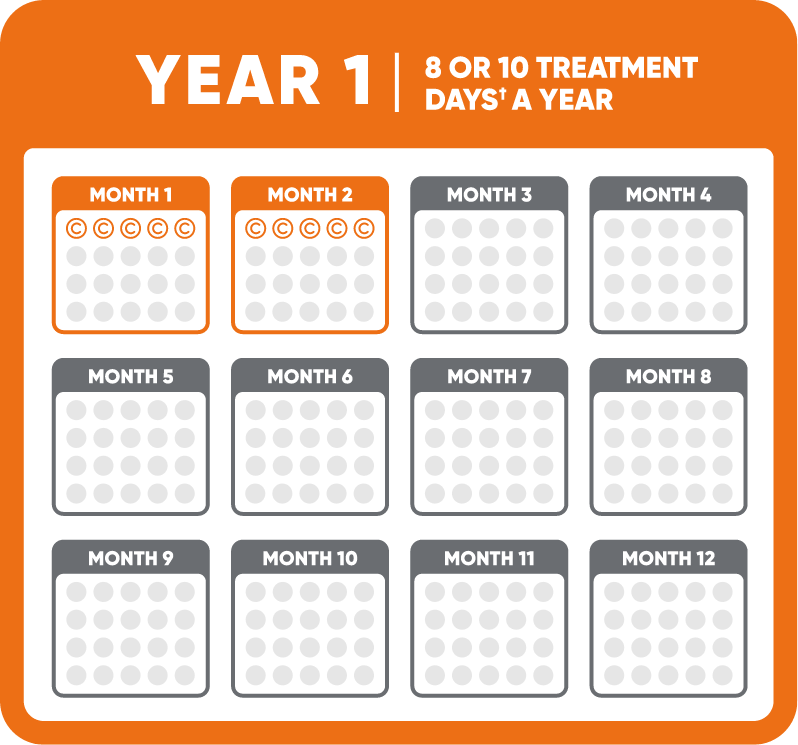 An orange calendar with the words "Year 1: 8 or 10 treatment days a year" at the top illustrating the year 1 dosing schedule for MAVENCLAD® (cladribine).